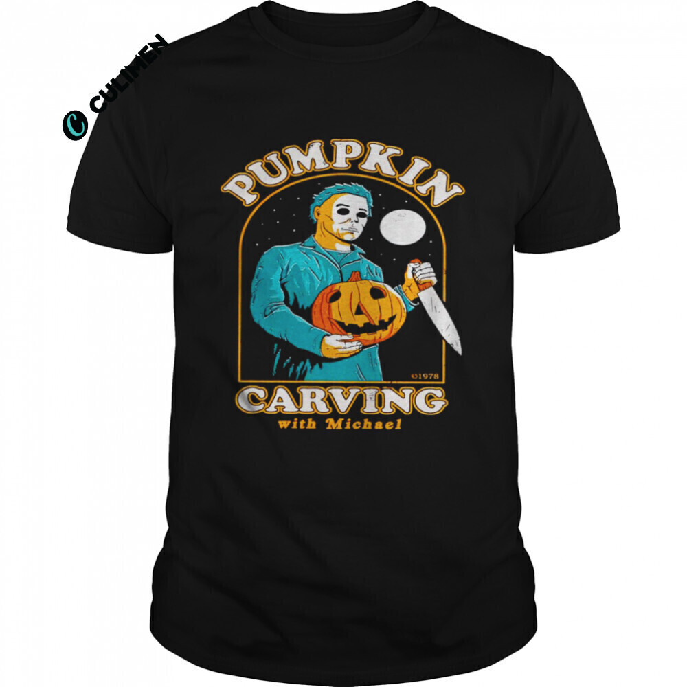 Halloween Pumpkin Carving with Michael Myers shirt