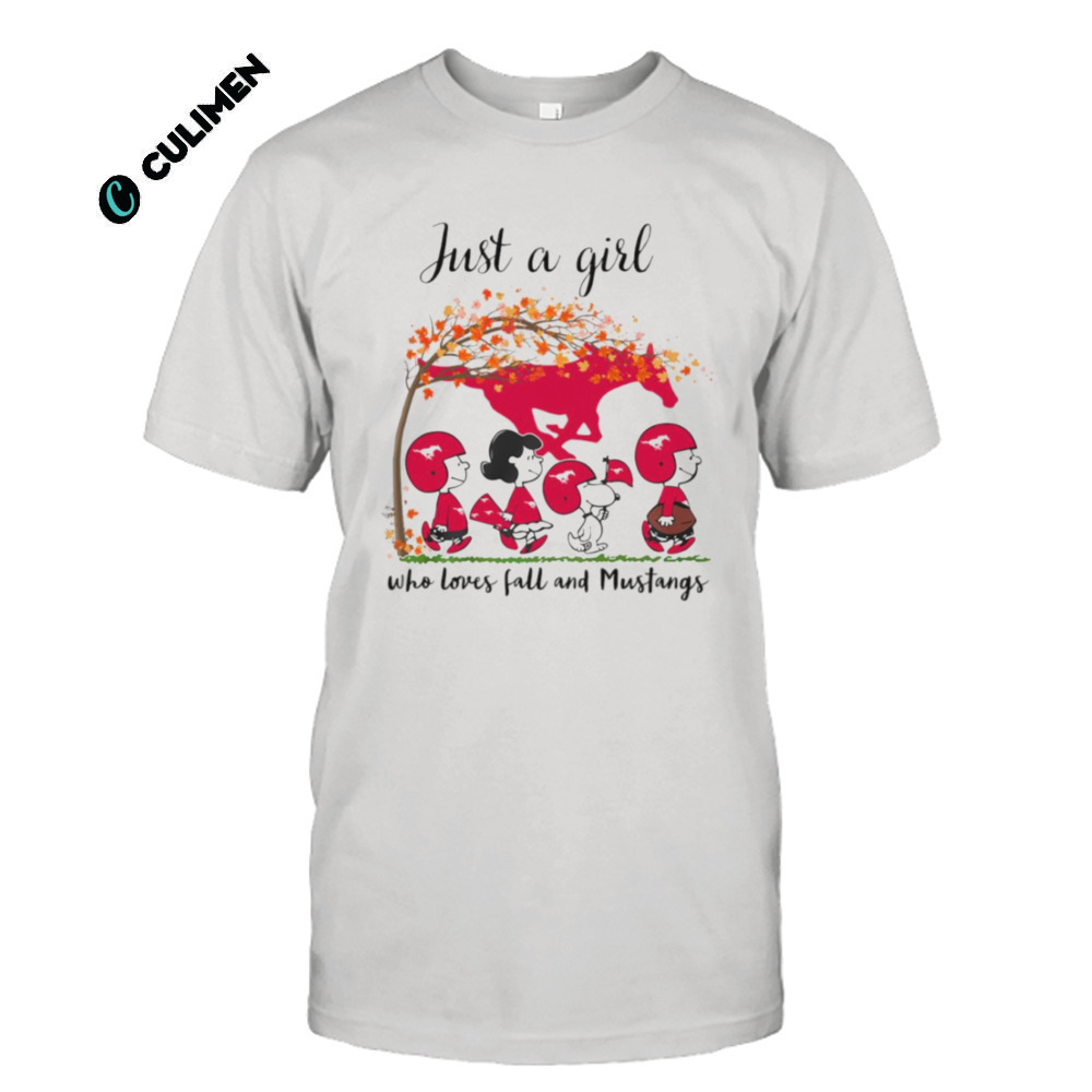 Just A Girl Who Loves Fall and Mustangs Peanuts Cartoon Halloween T-shirt